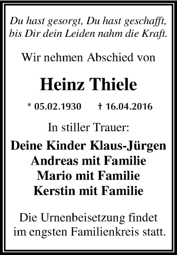 Traueranzeige von Heinz Thiele von Mitteldeutsche Zeitung Dessau-Roßlau