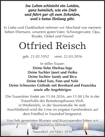 Traueranzeige von Otfried Reisch von Mitteldeutsche Zeitung Zeitz