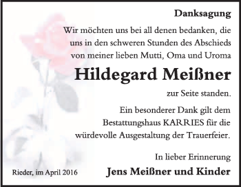 Traueranzeige von Hildegard Meißner von WVG - Wochenspiegel Quedlinburg