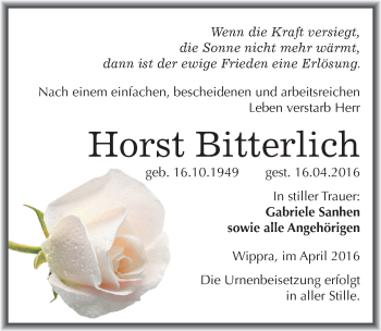 Traueranzeige von Horst Bitterlich von Mitteldeutsche Zeitung Mansfelder Land