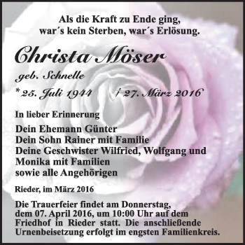 Traueranzeige von Christa Möser von WVG - Wochenspiegel Quedlinburg