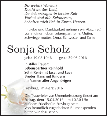 Traueranzeige von Sonja Scholz von Mitteldeutsche Zeitung Naumburg/Nebra
