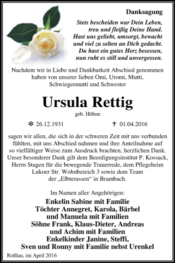 Traueranzeige von Ursula Rettig von WVG - Wochenspiegel Dessau / Köthen