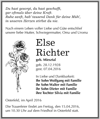 Traueranzeige von Else Richter von Mitteldeutsche Zeitung Zeitz