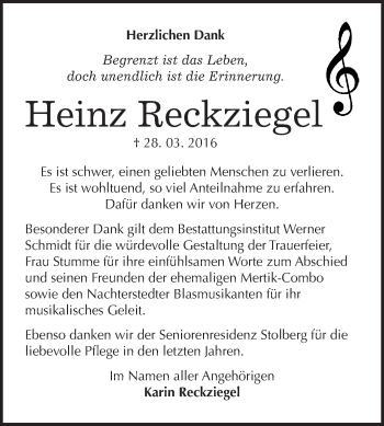 Traueranzeige von Heinz Reckziegel von WVG - Wochenspiegel Quedlinburg
