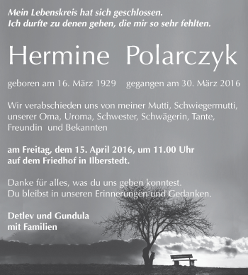 Traueranzeige von Hermine Polarczyk von Super Sonntag Bernburg