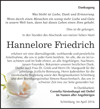 Traueranzeige von Hannelore Friedrich von Mitteldeutsche Zeitung Naumburg/Nebra