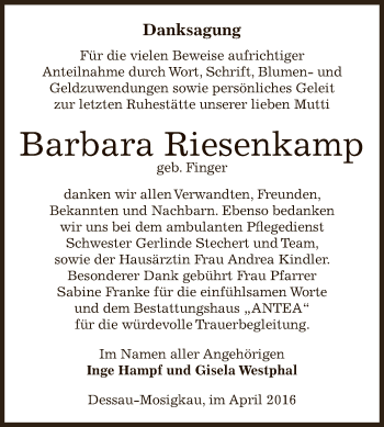 Traueranzeige von Barbara Riesenkamp von WVG - Wochenspiegel Dessau / Köthen