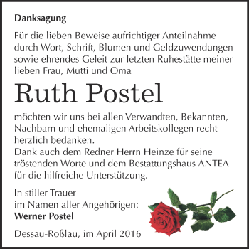 Traueranzeige von Ruth Postel von WVG - Wochenspiegel Dessau / Köthen