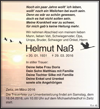 Traueranzeige von Helmut Naß von Mitteldeutsche Zeitung Zeitz