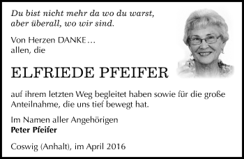 Traueranzeige von Elfriede Pfeifer von Mitteldeutsche Zeitung Wittenberg