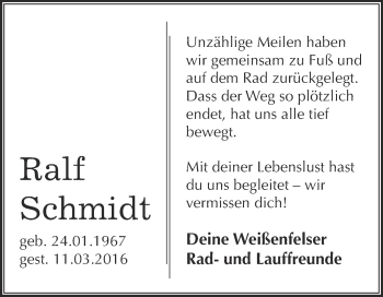 Traueranzeige von Ralf Schmidt von WVG - Wochenspiegel Merseburg