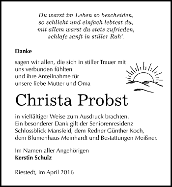 Traueranzeige von Christa Probst von Mitteldeutsche Zeitung Sangerhausen
