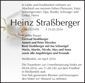 Traueranzeige von Heinz Straßberger von Mitteldeutsche Zeitung Weißenfels