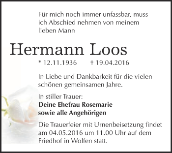 Traueranzeige von Hermann Loos von WVG - Wochenspiegel Bitterfeld