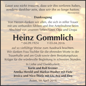 Traueranzeige von Heinz Gommlich von WVG - Wochenspiegel Wittenberg