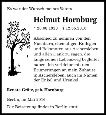 Traueranzeige von Helmut Hornburg von Mitteldeutsche Zeitung Aschersleben