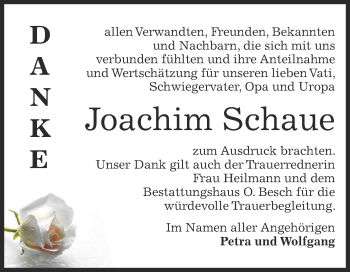 Traueranzeige von Joachim Schaue von WVG - Wochenspiegel Dessau / Köthen