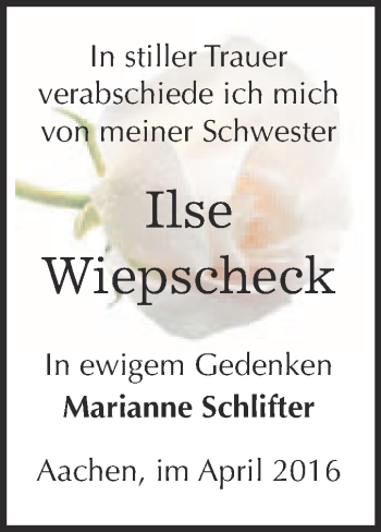 Traueranzeige von Ilse Wiepscheck von Super Sonntag Quedlinburg