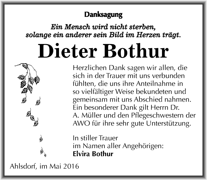  Traueranzeige für Dieter Bothur vom 28.05.2016 aus Mitteldeutsche Zeitung Mansfelder Land