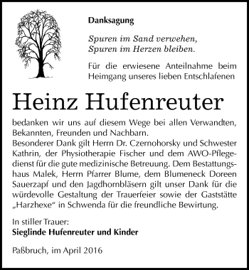 Traueranzeige von Heinz Hufenreuter von Mitteldeutsche Zeitung Sangerhausen
