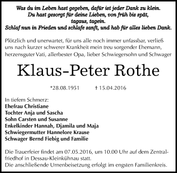 Traueranzeige von Klaus-Peter Rothe von Mitteldeutsche Zeitung Dessau-Roßlau