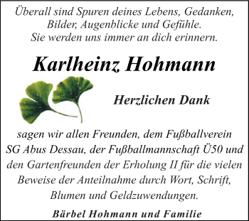 Traueranzeige von Karlheinz Hohmann von WVG - Wochenspiegel Dessau / Köthen