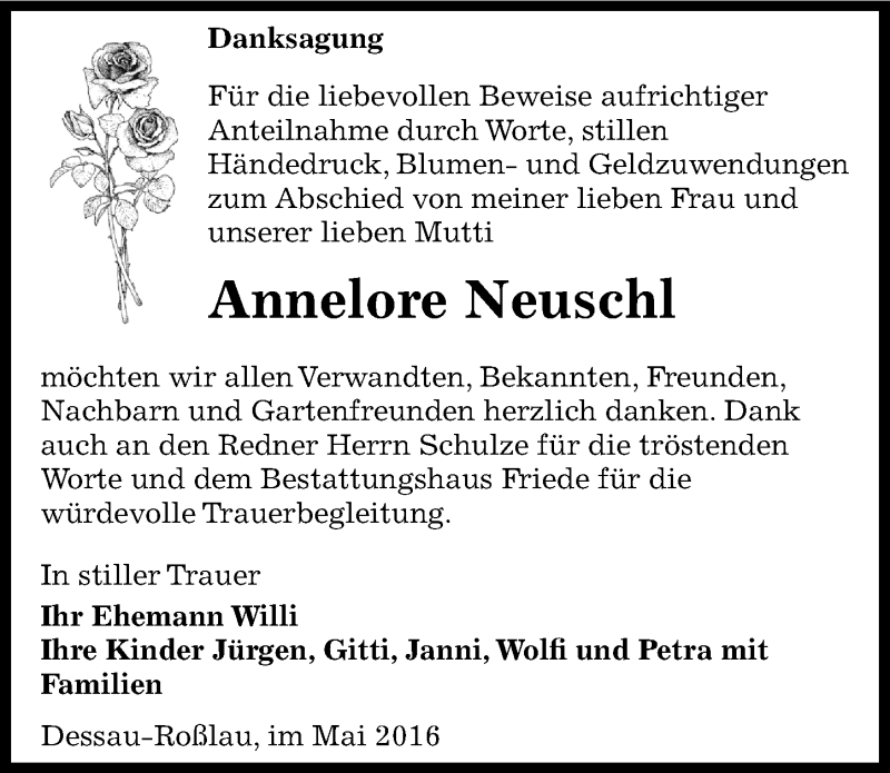  Traueranzeige für Annelore Neuschl vom 28.05.2016 aus Mitteldeutsche Zeitung Dessau-Roßlau