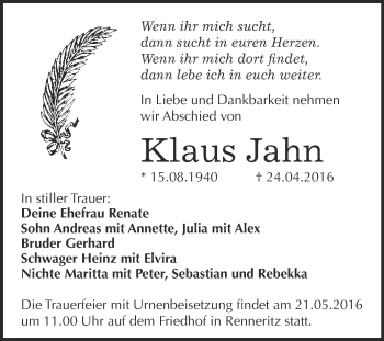Traueranzeige von Klaus Jahn von WVG - Wochenspiegel Bitterfeld