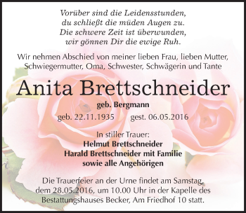Traueranzeige von Anita Brettschneider von Mitteldeutsche Zeitung Sangerhausen