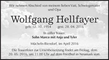 Traueranzeige von Wolfgang Hellfayer von WVG - Wochenspiegel Merseburg