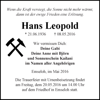 Traueranzeige von Hans Leopold von Super Sonntag SGH Mansf. Land
