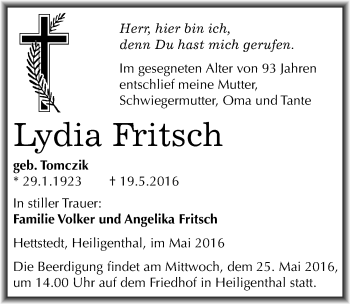 Traueranzeige von Lydia Fritsch von Mitteldeutsche Zeitung Mansfelder Land
