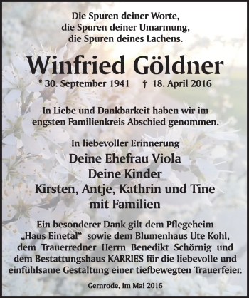 Traueranzeige von Winfried Göldner von Mitteldeutsche Zeitung Quedlinburg