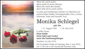 Traueranzeige von Monika Schlegel von Mitteldeutsche Zeitung Weißenfels