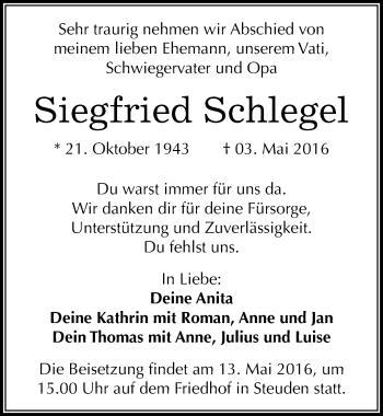 Traueranzeige von Siegfried Schlegel von Mitteldeutsche Zeitung Halle/Saalkreis