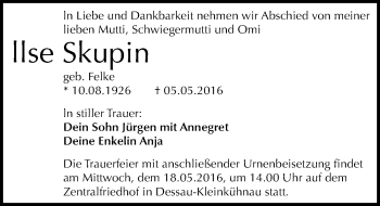 Traueranzeige von Ilse Skupin von Mitteldeutsche Zeitung Dessau-Roßlau