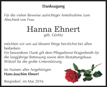 Traueranzeige von Hanna Ehnert von Mitteldeutsche Zeitung Zeitz