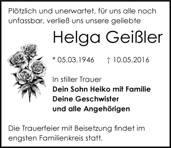 Traueranzeige von Helga Geißler von Mitteldeutsche Zeitung Dessau-Roßlau