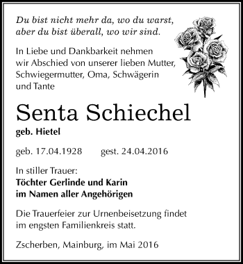 Traueranzeige von Senta Schiechel von Mitteldeutsche Zeitung Merseburg/Querfurt