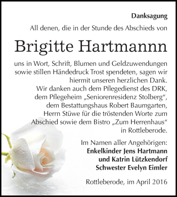 Traueranzeige von Brigitte Hartmann von Super Sonntag SGH Mansf. Land