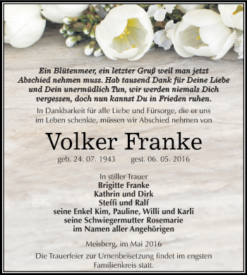 Traueranzeige von Volker Franke von Super Sonntag SGH Mansf. Land