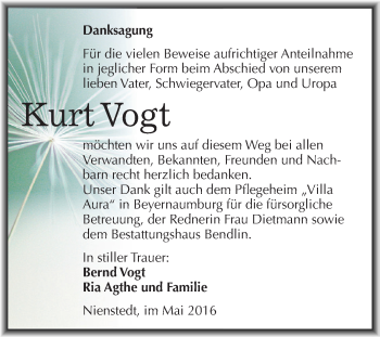 Traueranzeige von Kurt Vogt von Wochenspiegel Mansfelder Land