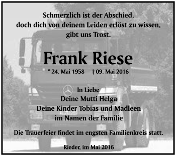 Traueranzeige von Frank Riese von WVG - Wochenspiegel Quedlinburg