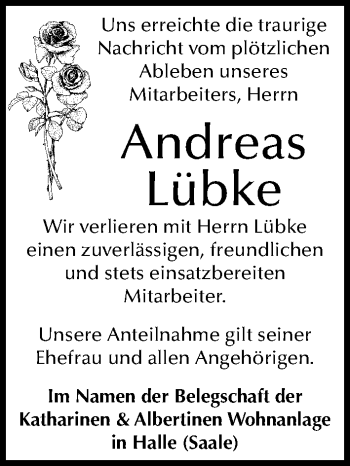 Traueranzeige von Andreas Lübke von Mitteldeutsche Zeitung Halle/Saalkreis