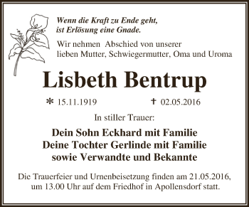 Traueranzeige von Lisbeth Bentrup von WVG - Wochenspiegel Dessau / Köthen