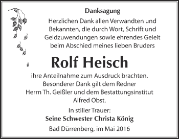 Traueranzeige von Rolf Heisch von Super Sonntag Merseburg