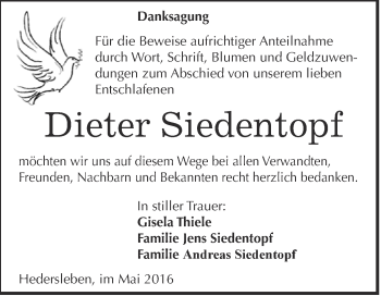 Traueranzeige von Dieter Siedentopf von WVG - Wochenspiegel Quedlinburg