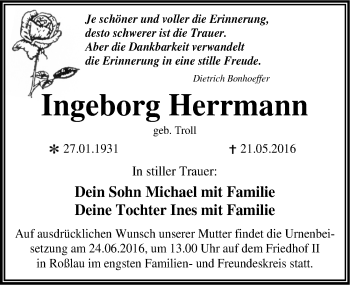 Traueranzeige von Ingeborg Herrmann von Mitteldeutsche Zeitung Dessau-Roßlau