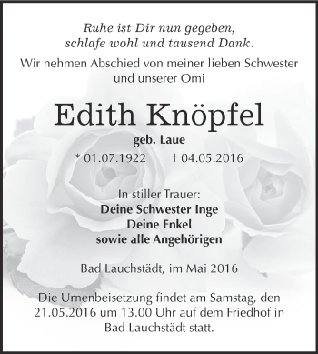 Traueranzeige von Edith Knöpfel von WVG - Wochenspiegel Merseburg